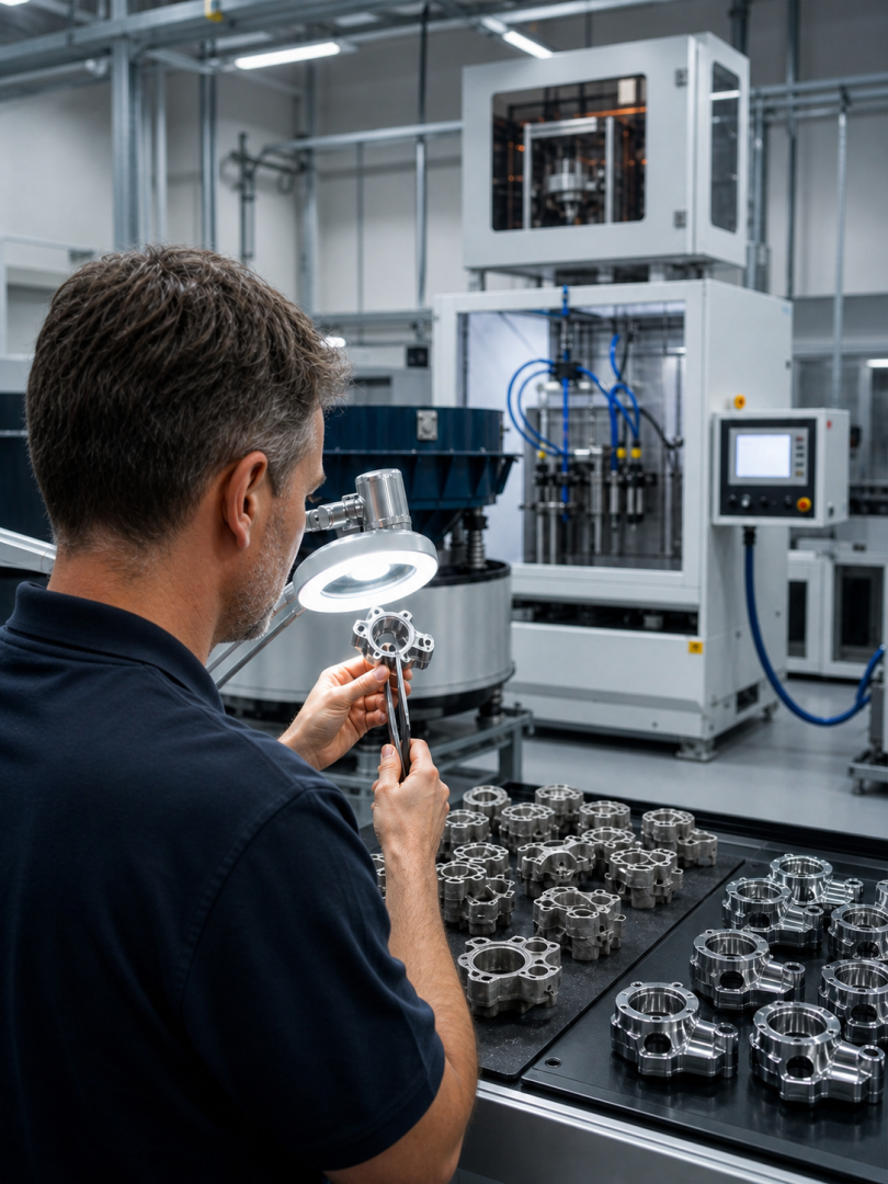 Technicien Contrôlant Des Pièces Avant Et Après Finition Industrielle